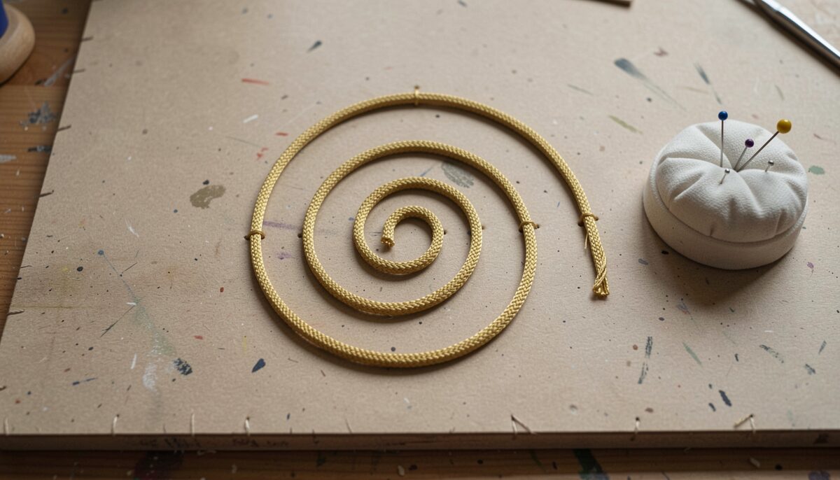 Overhead view of a work surface with a length of thick gold cord curved into a spiral and held down with tiny spaced stitches in matching thread, a needle parked in a pin cushion nearby.