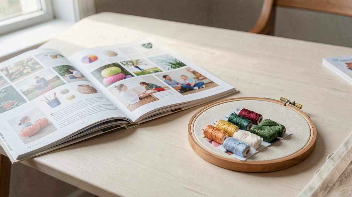 A bright reading table with an open hobby magazine beside a wooden embroidery hoop and neatly wound thread cards, natural window light, close framing.