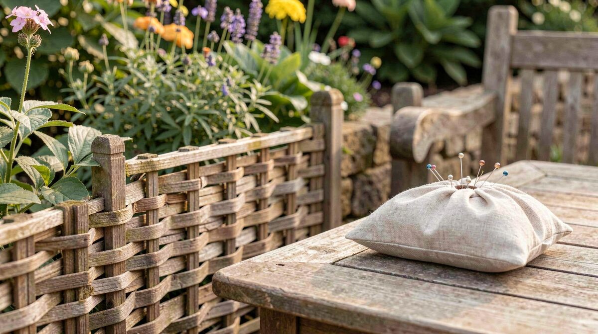 A tidy English garden boundary with a woven wooden fence panel beside a linen needle case on a table, morning side light, close framing on texture.